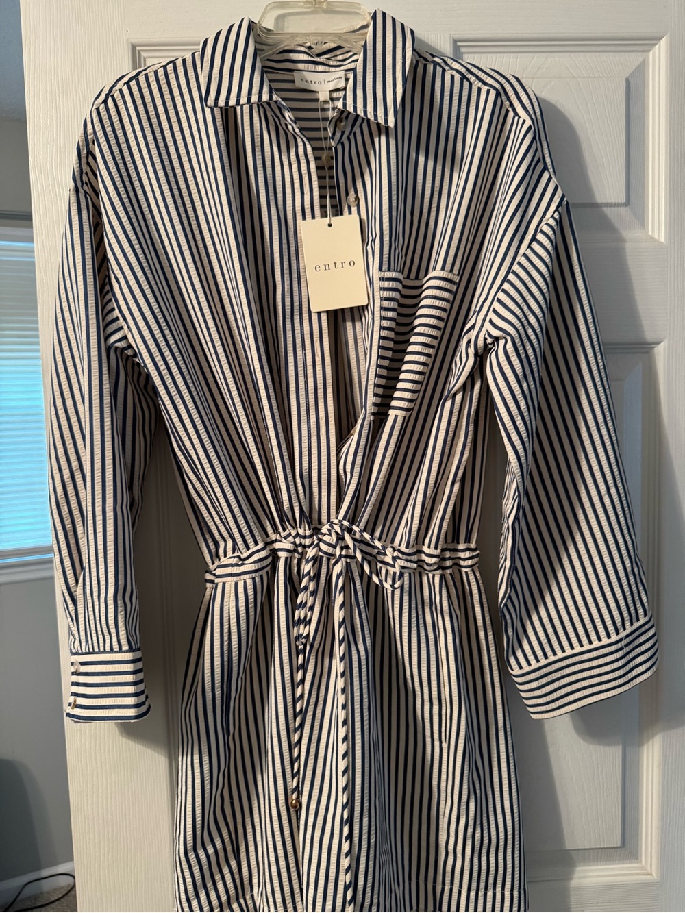 entro Navy & White Vertical Stripe Tie-Waist Shirt Dress